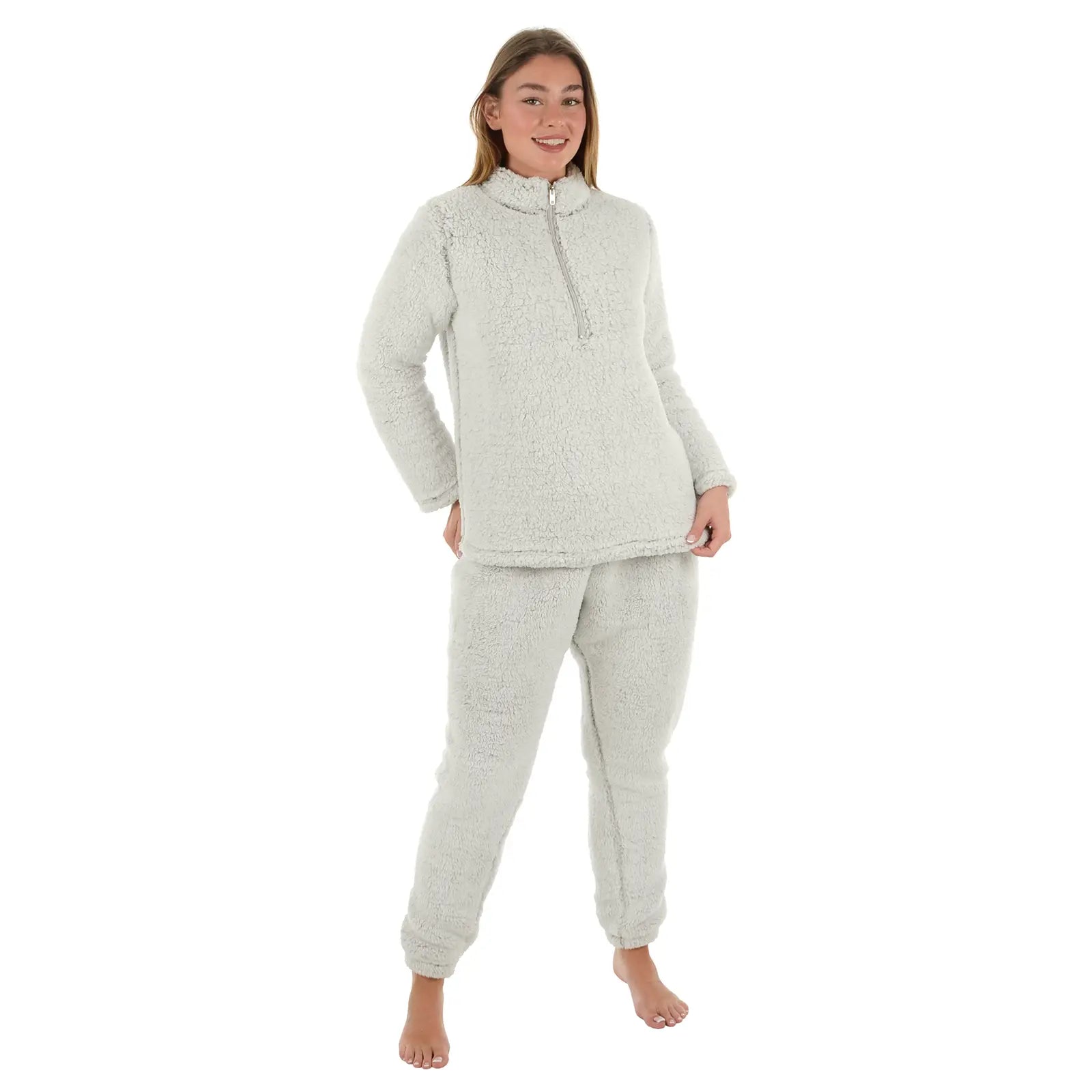 Womens Sherpa Fleece Pyjamas PJs Twosie Plush Loungewear Grey